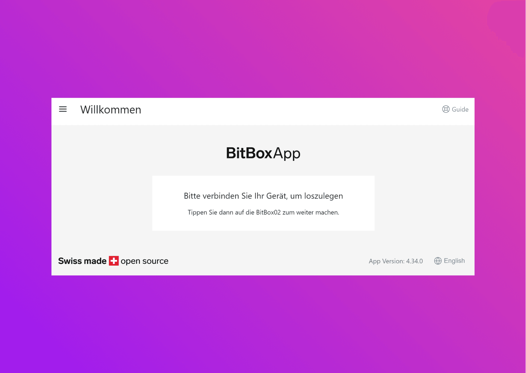 Bildschirmfoto mit der BitboxApp mit der Aufforderung, die Bitbox02 zu verbinden