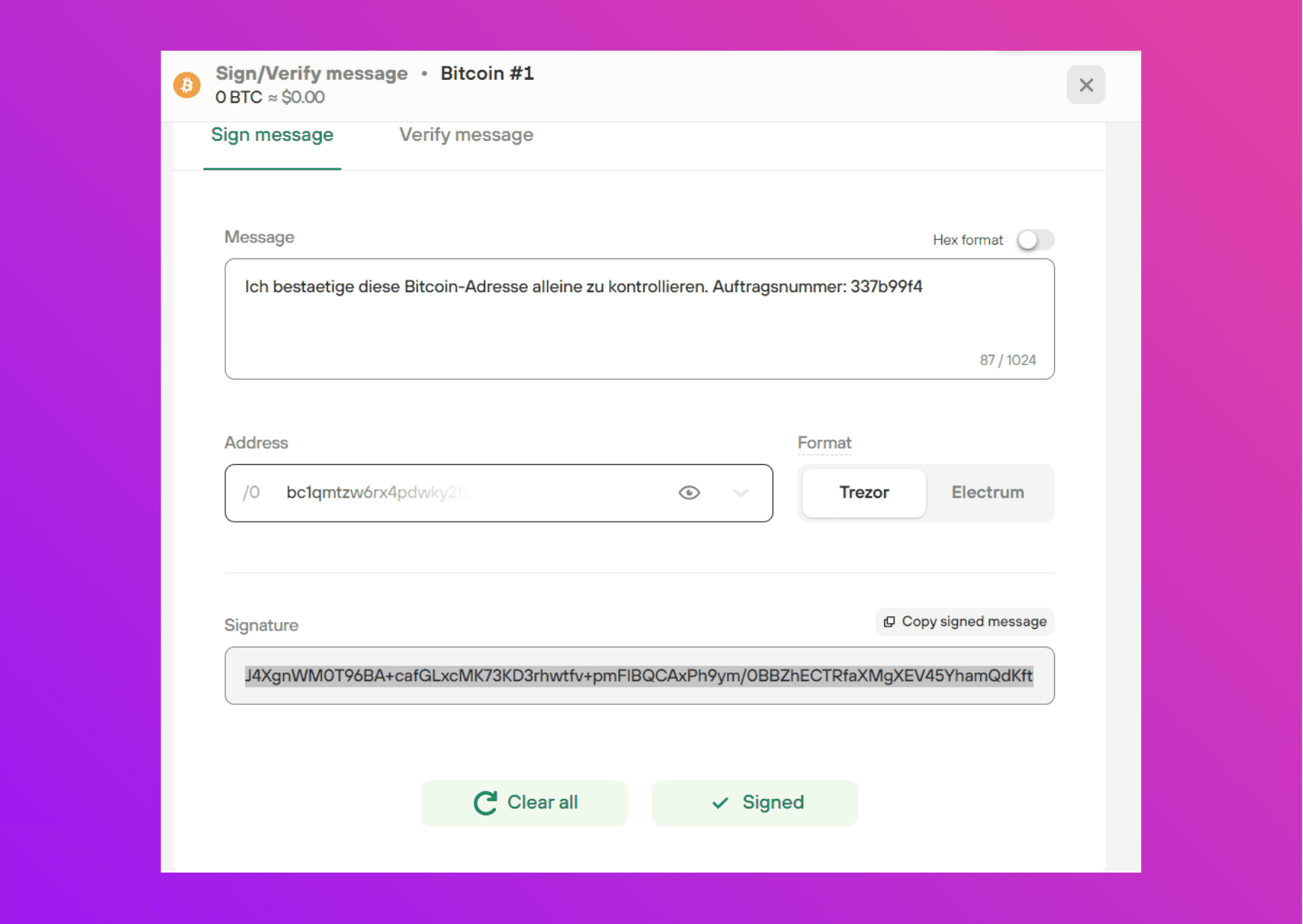 Screen capture Trezor Suite message sign / verify