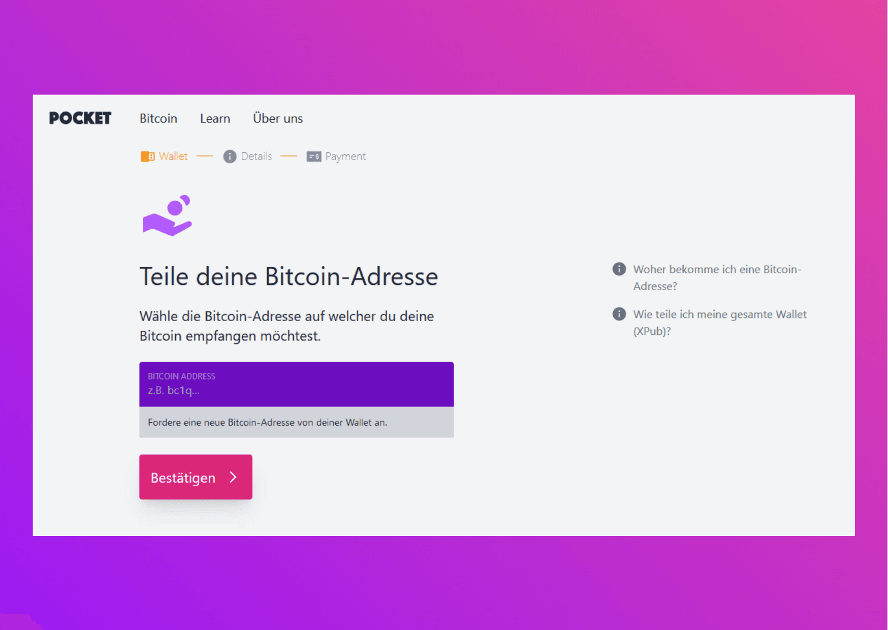 Bilfschirmaufnahme Pocket Website Teile deine Ethereum-Adresse