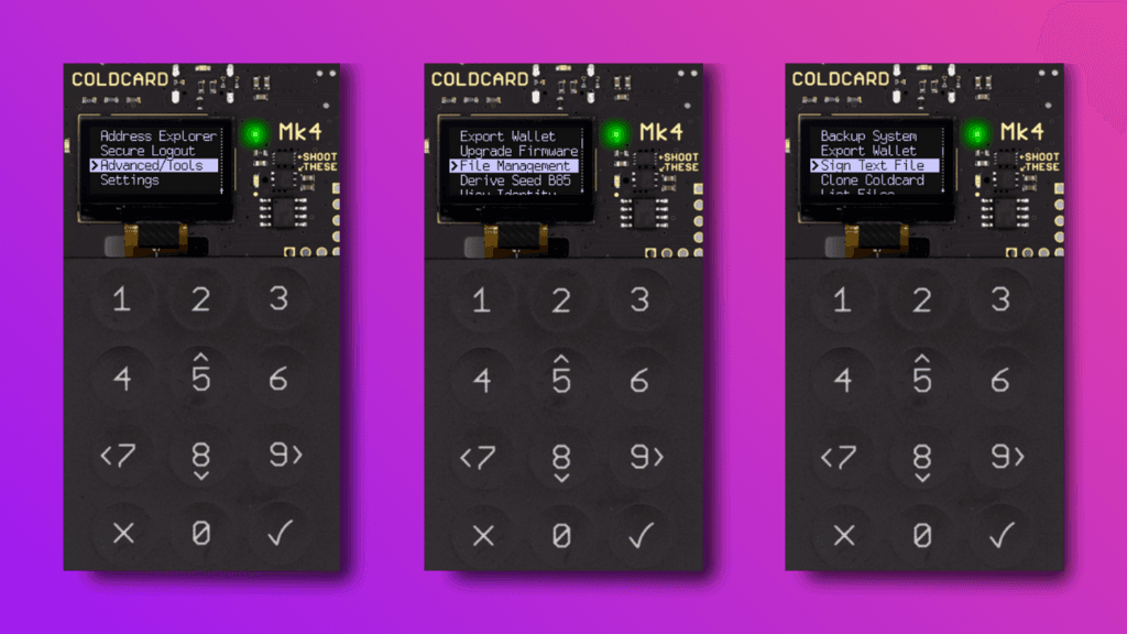 Coldcard menu navigation to the signature function