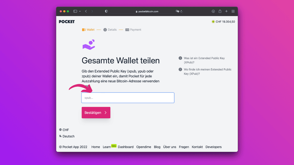Bildschirmaufnahme der Pocket Website XPub ins Feld hinein kopieren