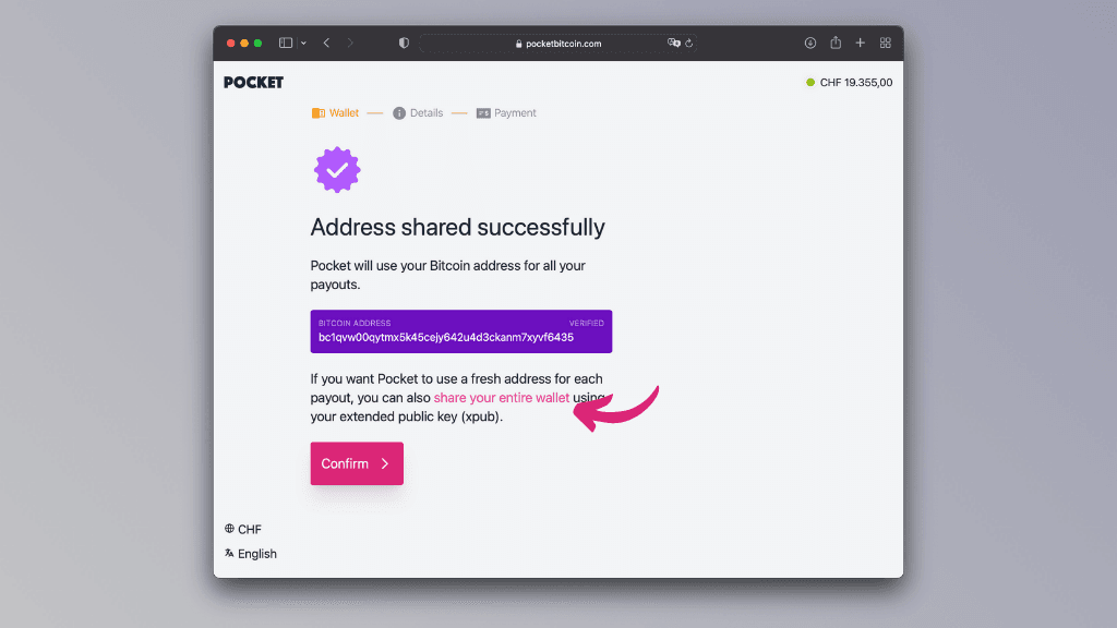 Screenshot of the option to share an entire wallet on the Pocket website