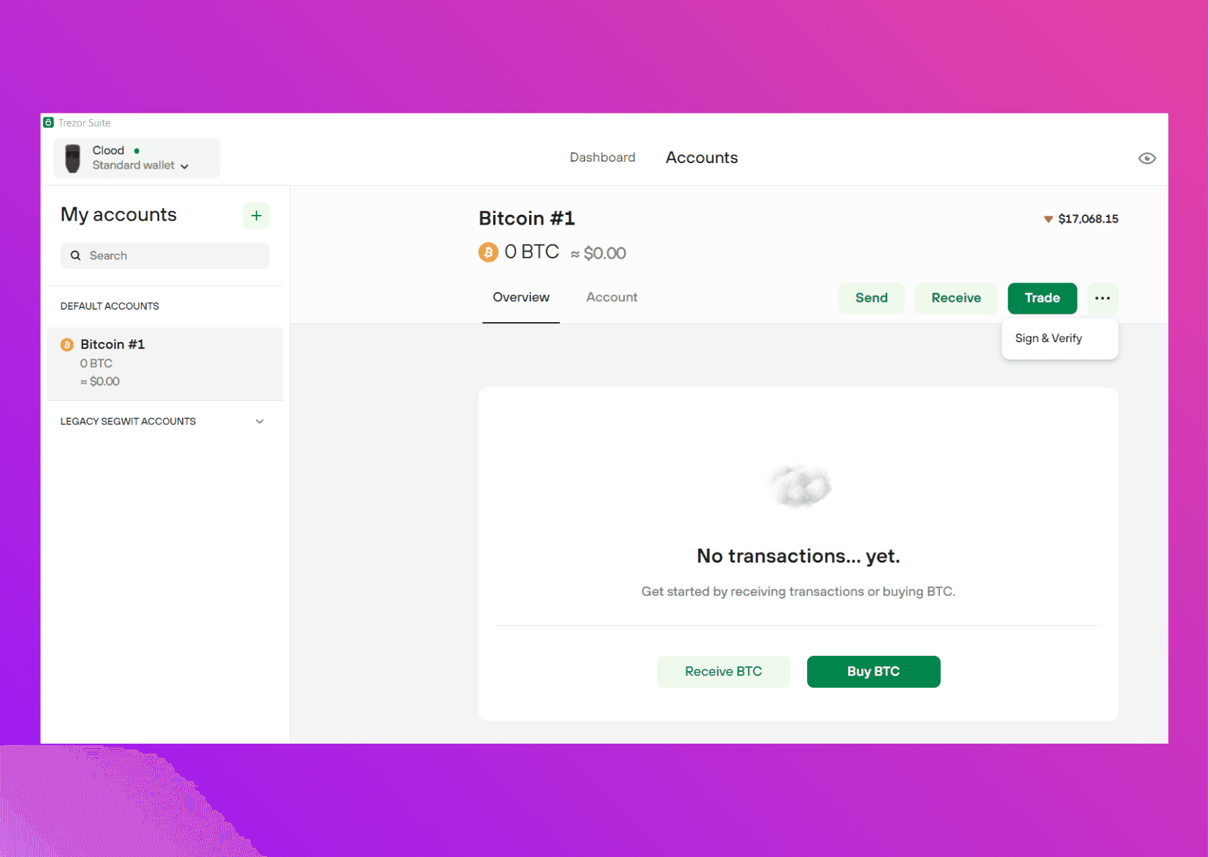 Screen capture Trezor Suite ethereum account menu sign and verify