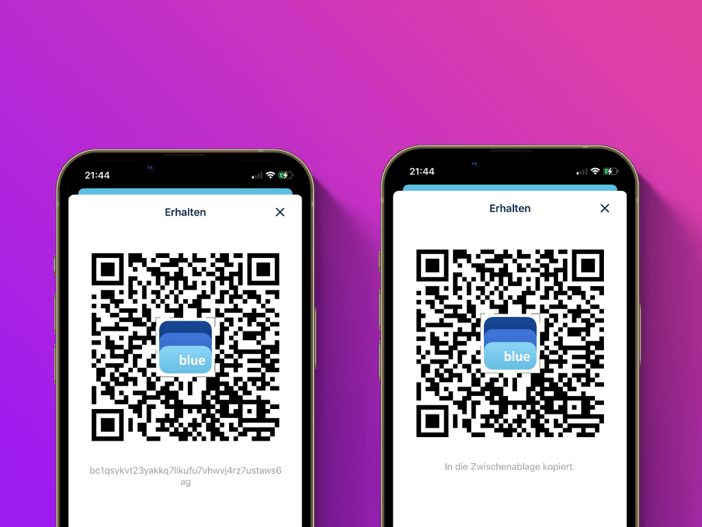 Bildschirmfoto der BlueWallet mit dem QR-Code und der Ethereum-Adresse