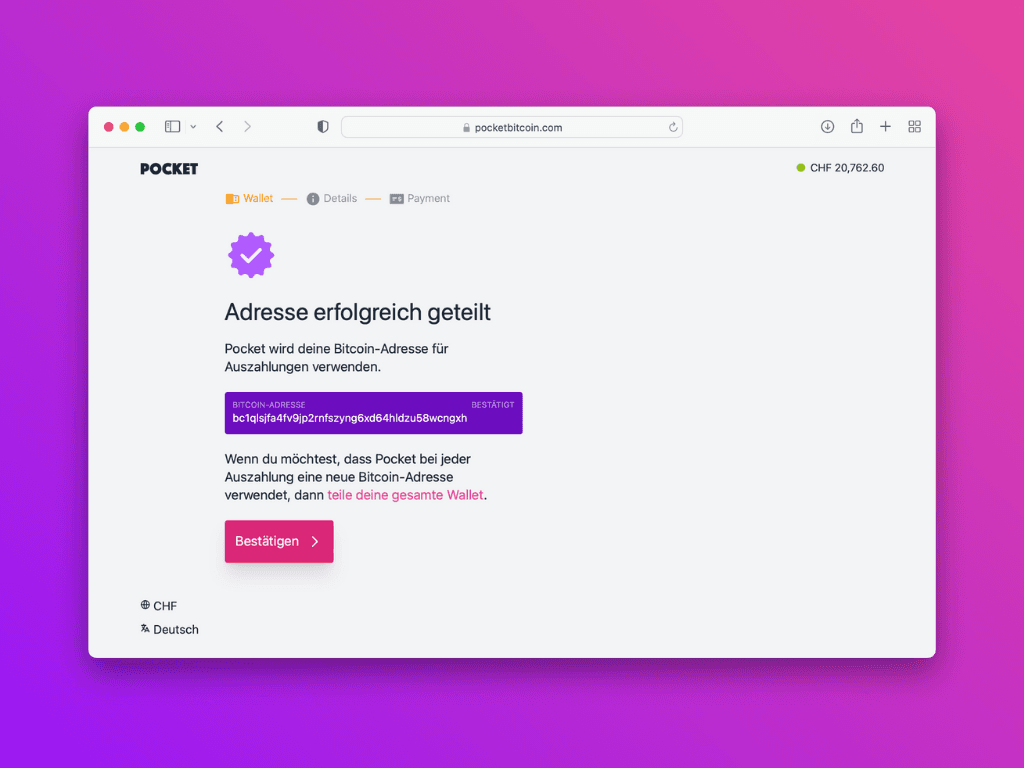 Bildschirmfoto der Pocket-Website, dass man erfolgreich die Ethereum-Adresse geteilt hat