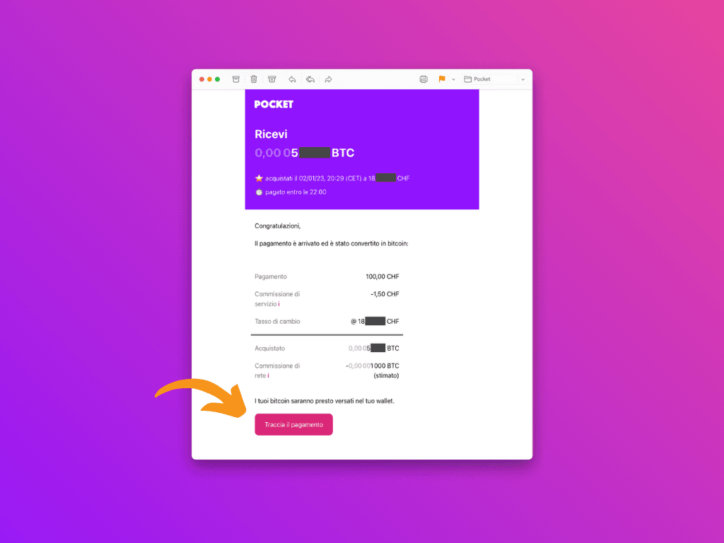 Schermata dell'e-mail di conferma di Pocket per l'acquisto di Ethereum