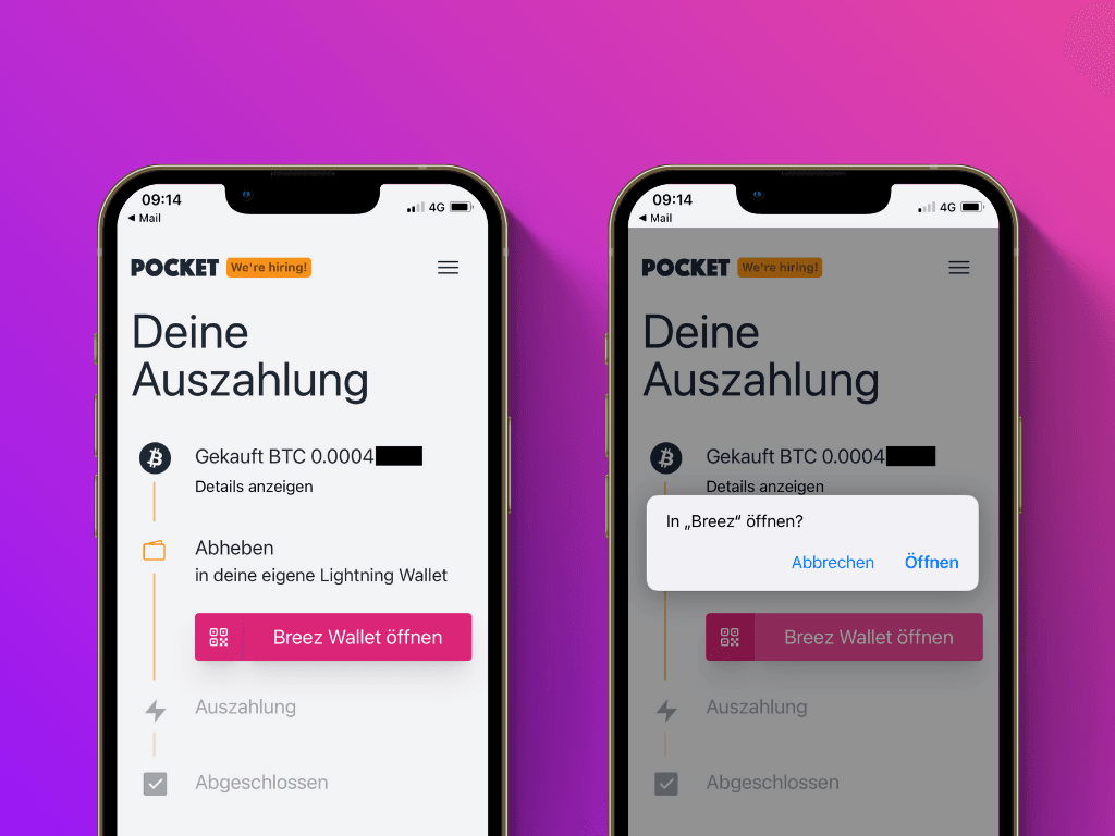 Bildschirmfoto des Auszahlungs-Screens im Lightning Top-Up Prozess von Pocket