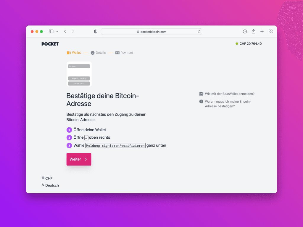 Bildschirmfoto der Pocket-Website mit der Aufforderung die Ethereum-Adresse zu bestätigen