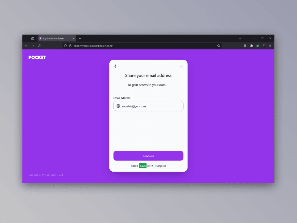 Screenshot of the email entry screen of Pocket's Lightning top-up service