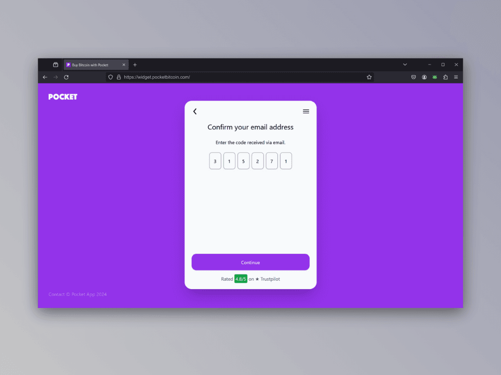 Screenshot of the email confirmation screen of Pocket's Lightning top-up service