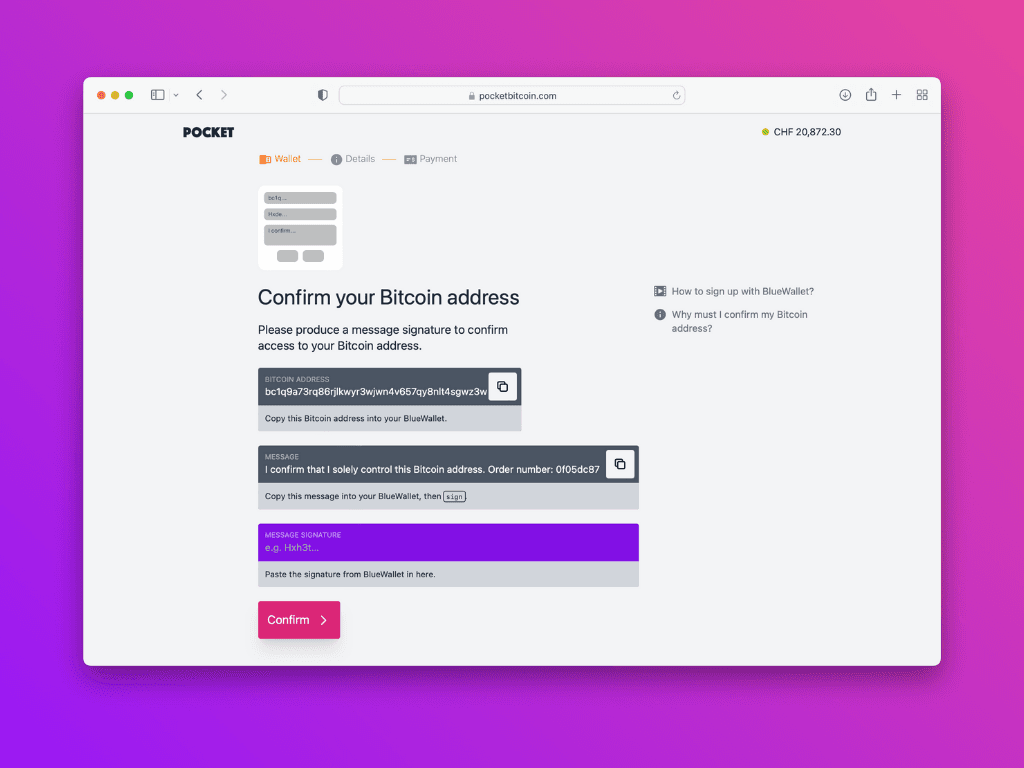 Screenshot of Pocket website to confirm ethereum address 