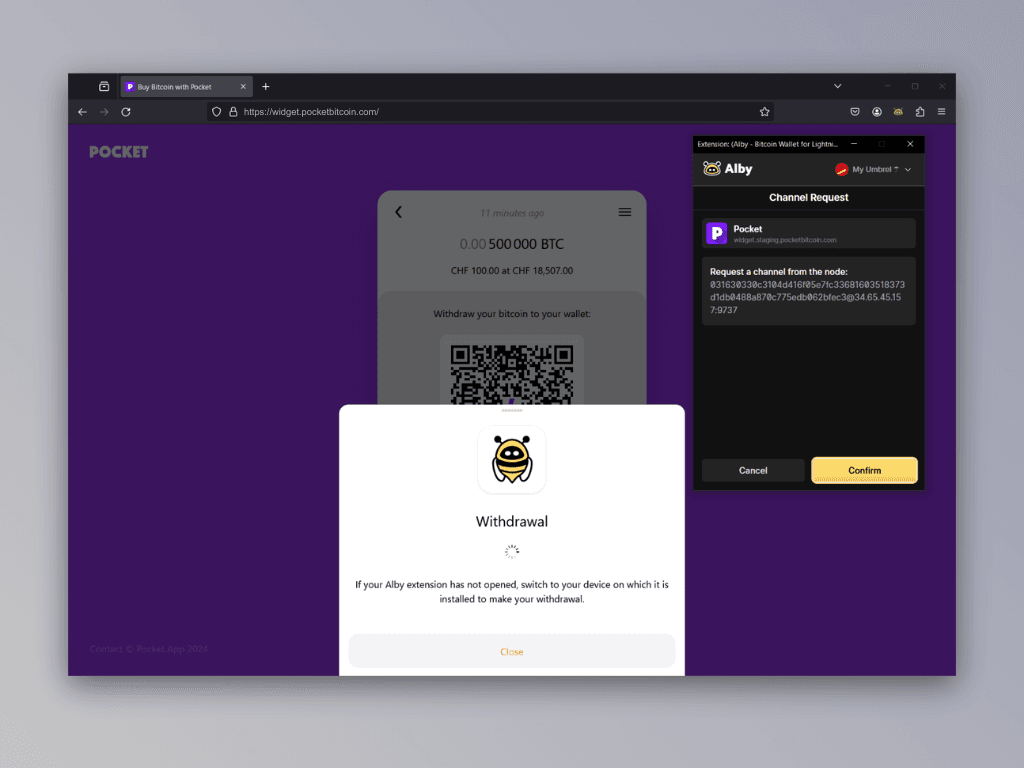 Screenshot of the Alby extension channel request screen