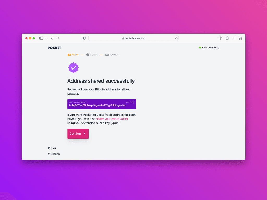 Screenshot of the Pocket website that you have successfully shared the ethereum address