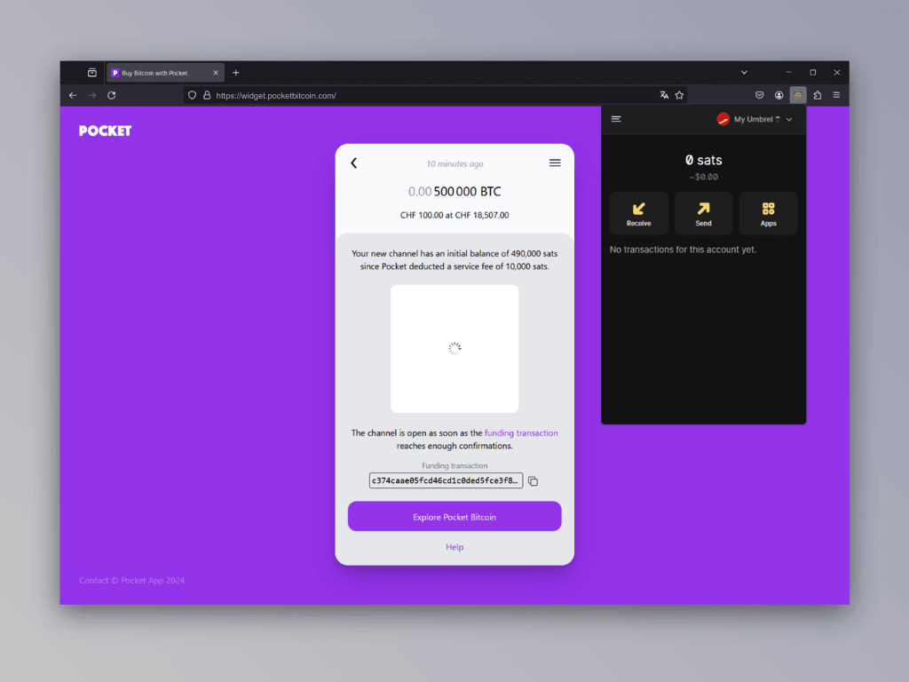 Screenshot of channel opening screen from Pocket's Lightning Top-Up Service