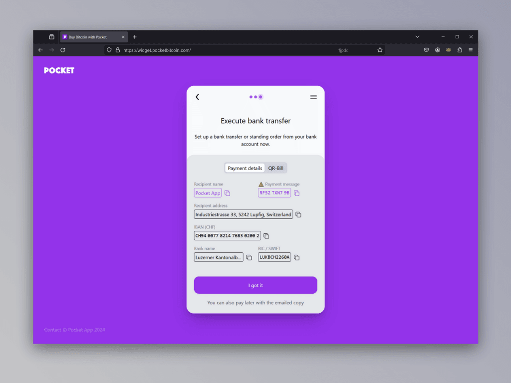 Screenshot of the confirmation screen with payment details of Pocket's Lightning top-up service