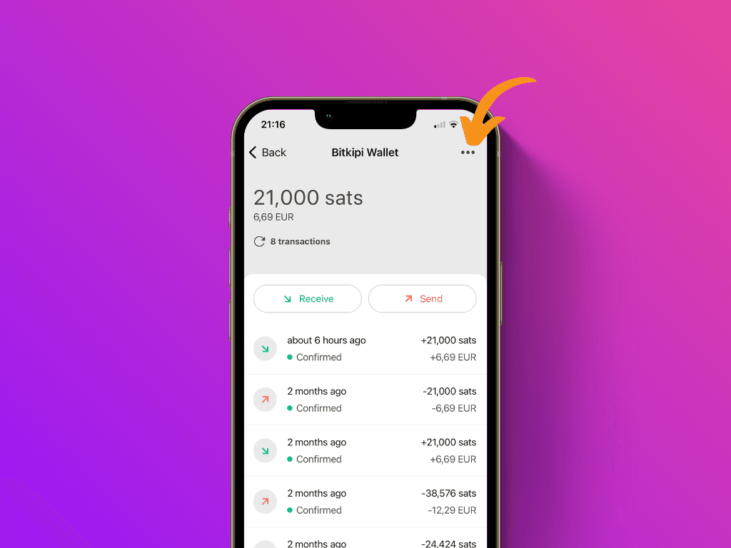 Screenshot of the Bitkipi app pointing to the menu