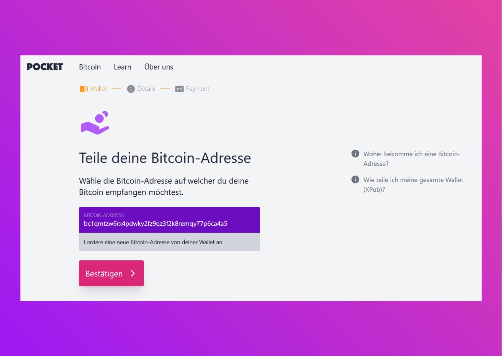 Bilfschirmaufnahme Pocket Website Teile deine Ethereum-Adresse