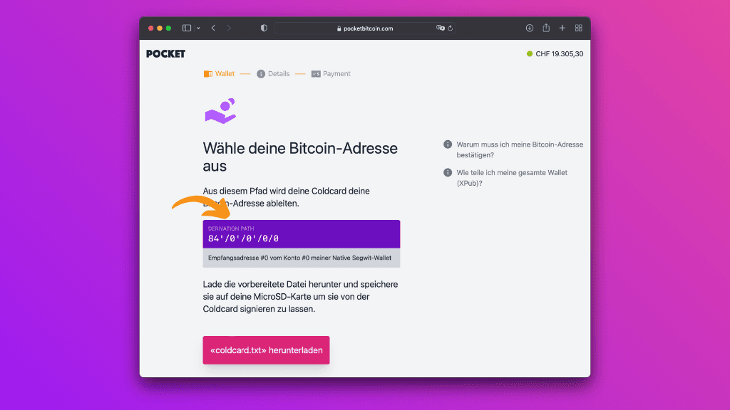 Bildschirmfoto mit der Pocket-Website Eingabe des Derivation-Pfades deiner Ethereum-Adresse