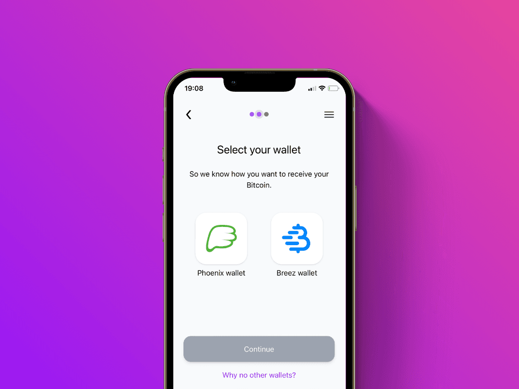 Screenshot of the wallet selection screen of Pocket's Lightning top-up service