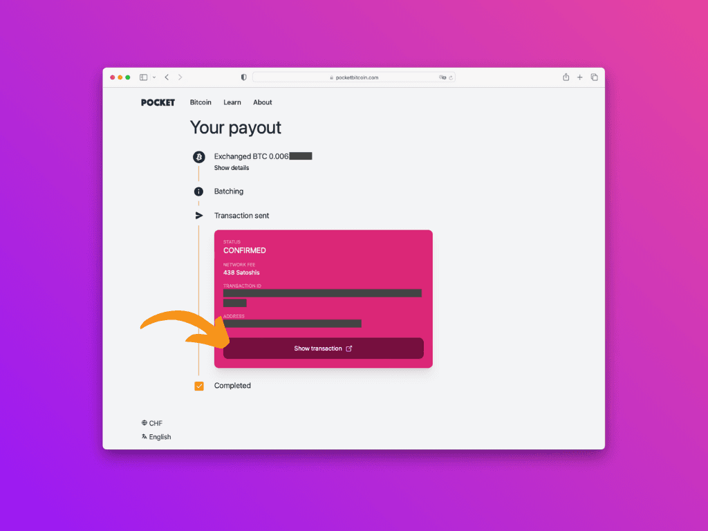 Screenshot of the ethereum transaction tracking webpage after withdrawal