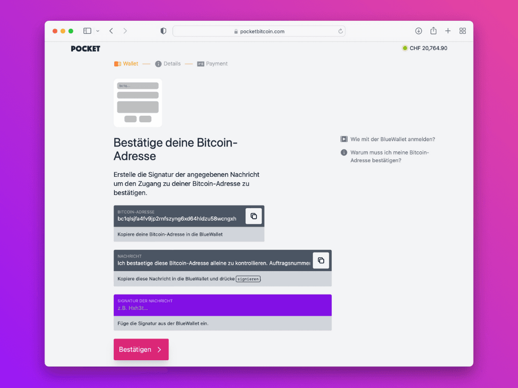 Bildschirmfoto der Pocket-Website, um die Ethereum-Adresse zu bestätigen 