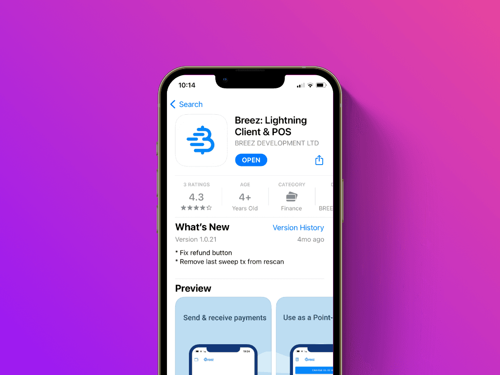 Screenshot of the download screen of the Breez Wallet in the Apple App Store