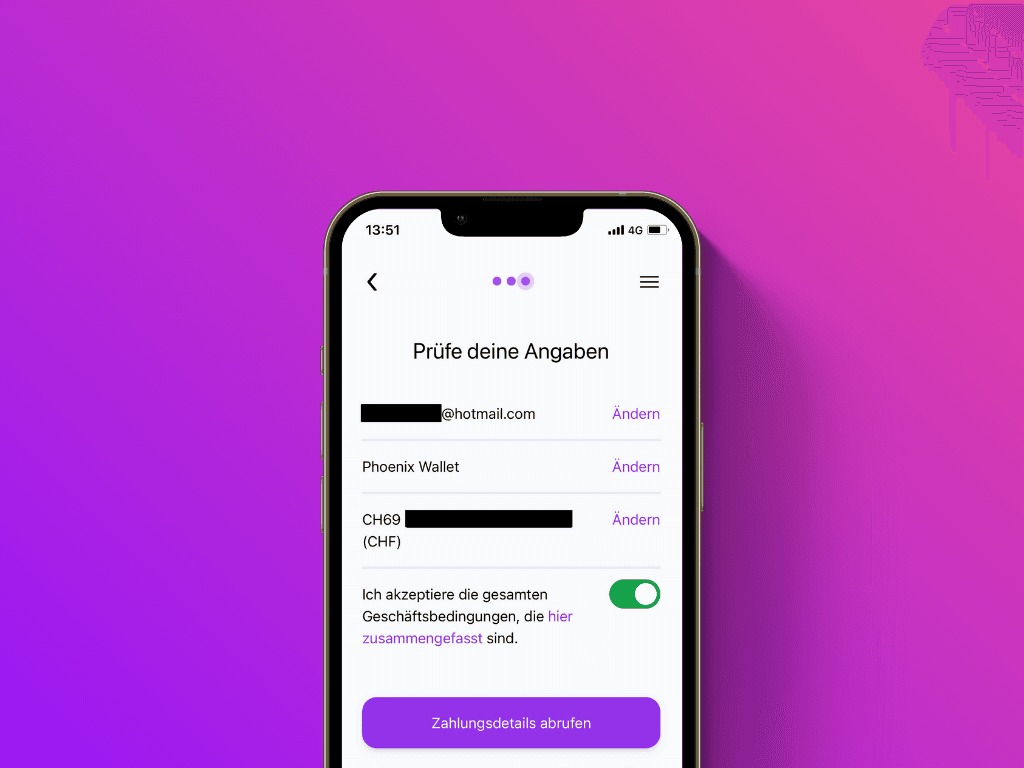 Bildschirmfoto des Screens zur Überprüfung der eingegebenen Daten von Pockets Lightning Top-Up Service