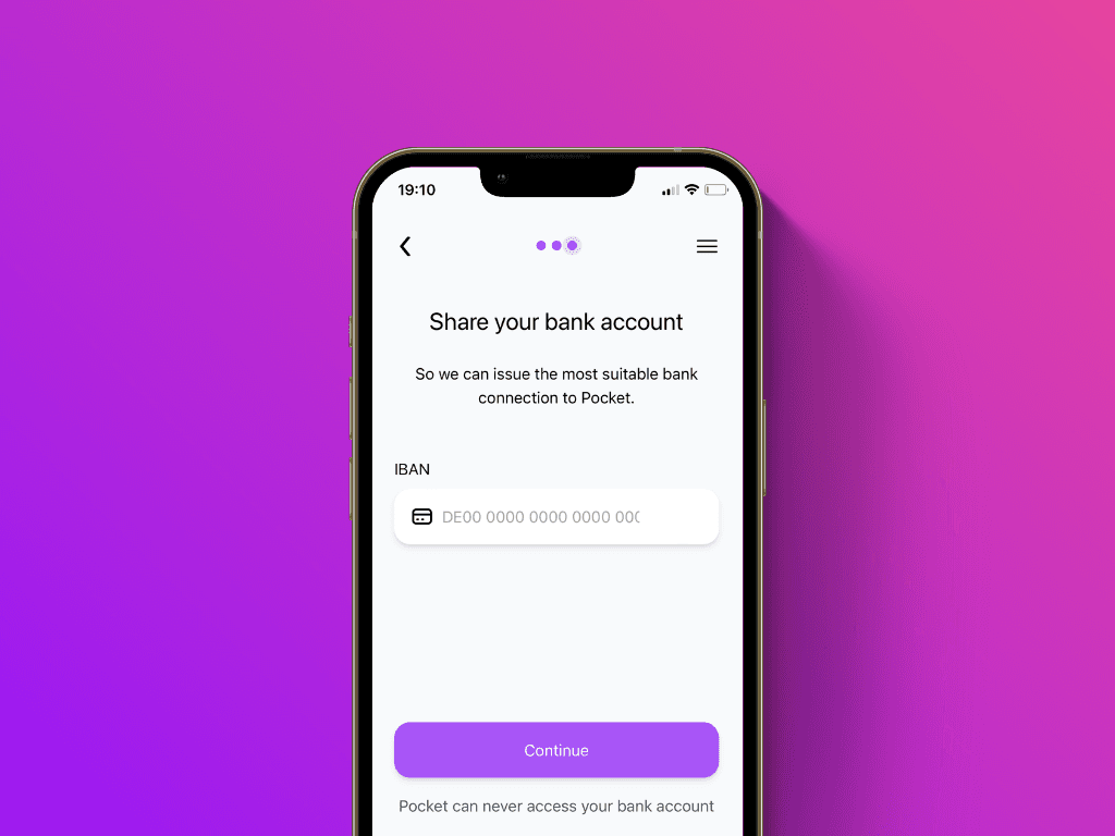 Screenshot of the IBAN entry screen of Pocket's Lightning top-up service
