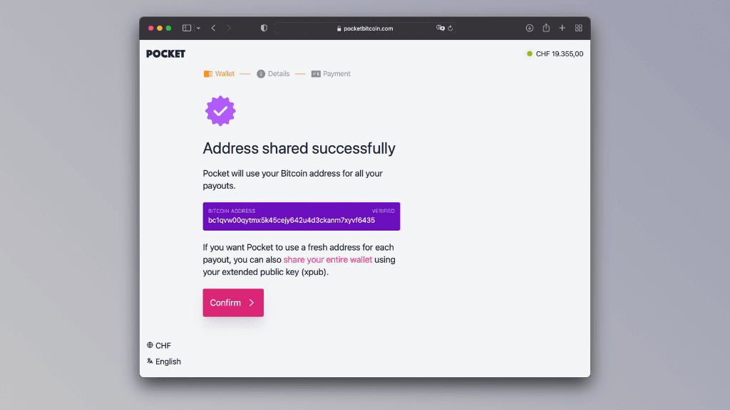 Screenshot of a successfully shared Ethereum address on the Pocket website