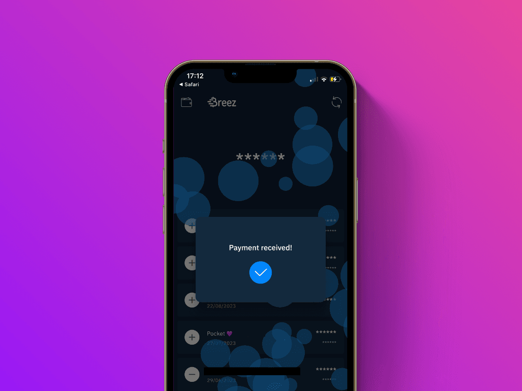 Screenshot of the payment receipt confirmation screen of the Breez App