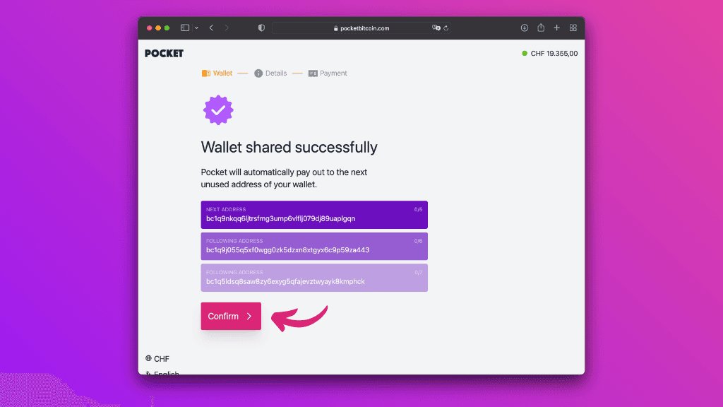 Screenshot of the Pocket website with the successfully shared ethereum wallet addresses