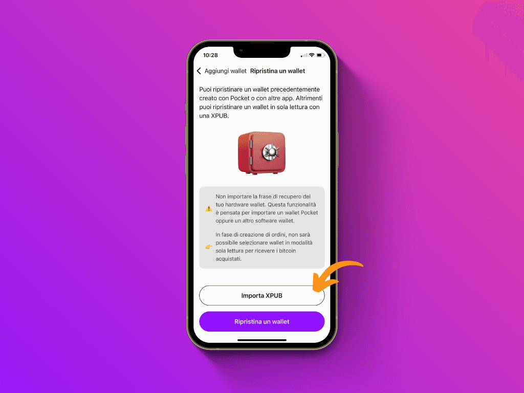Schermata dell'App Pocket con il puntatore sul pulsante 