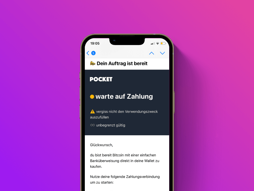 Bildschirmfoto des Bestätigungs-Emails nach der Auftrags-Erstellung von Pockets