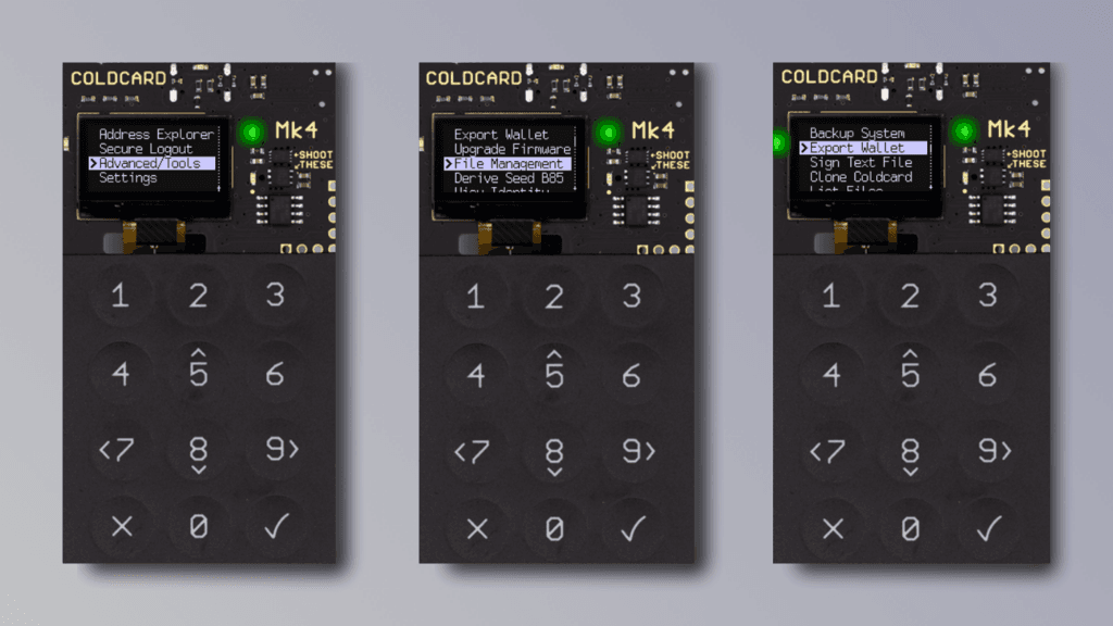 Screenshots of the Coldcard menu to export your wallet