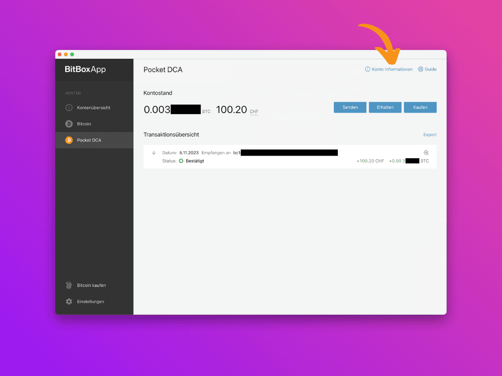 Bildschirmfoto der BitBoxApp mit Zeiger auf den Link "Konto Informationen"