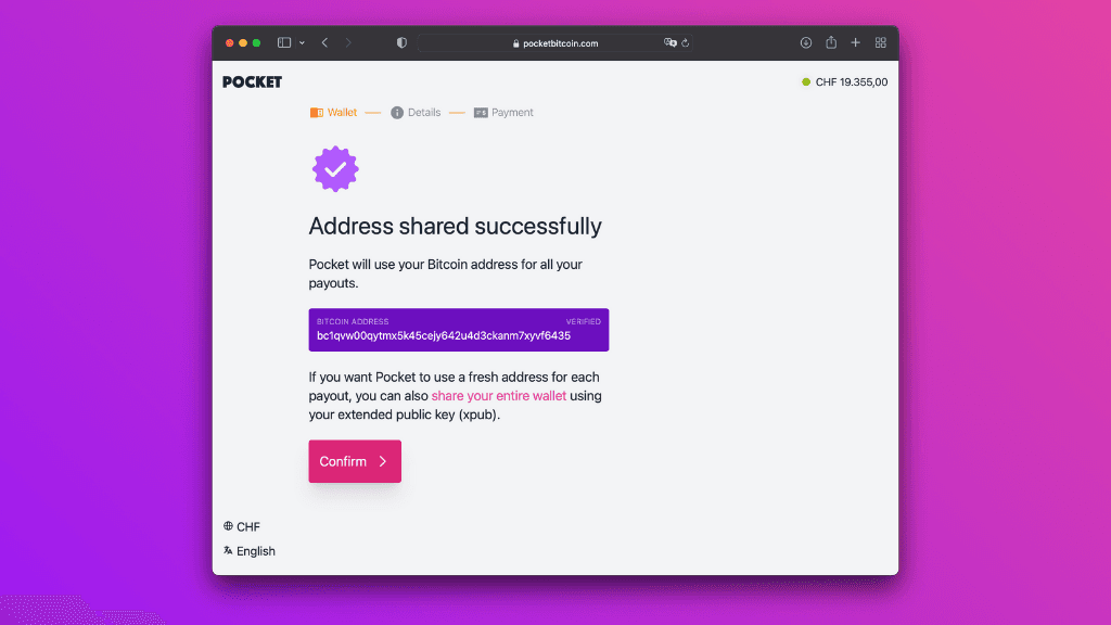 Screenshot showing the Pocket website with the confirmed address