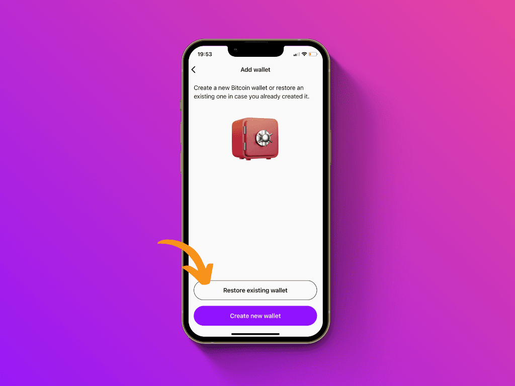 Screenshot of the Pocket App with pointer to the "Restore existing wallet" button