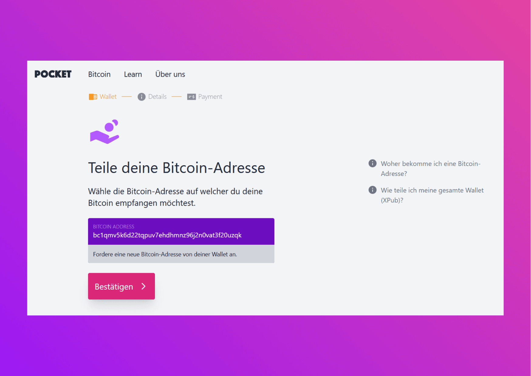 Bildschirmfoto der Pocket-Website mit der kopierten Ethereum Adresse