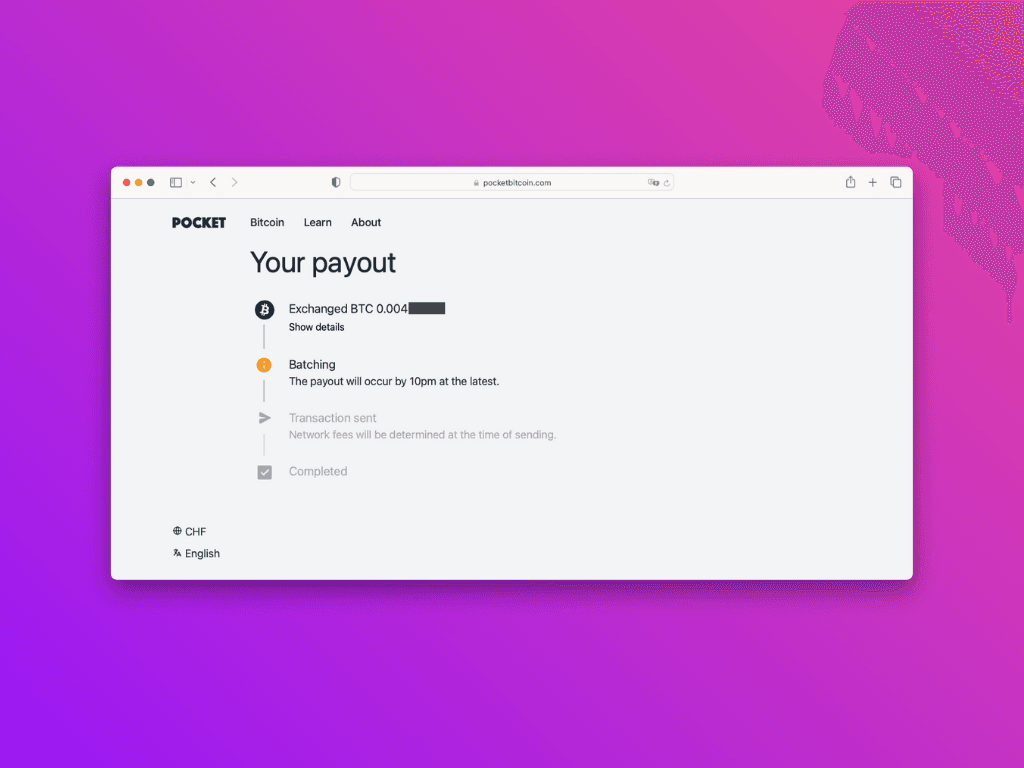Screenshot of the website for tracking the ethereum transaction before payout