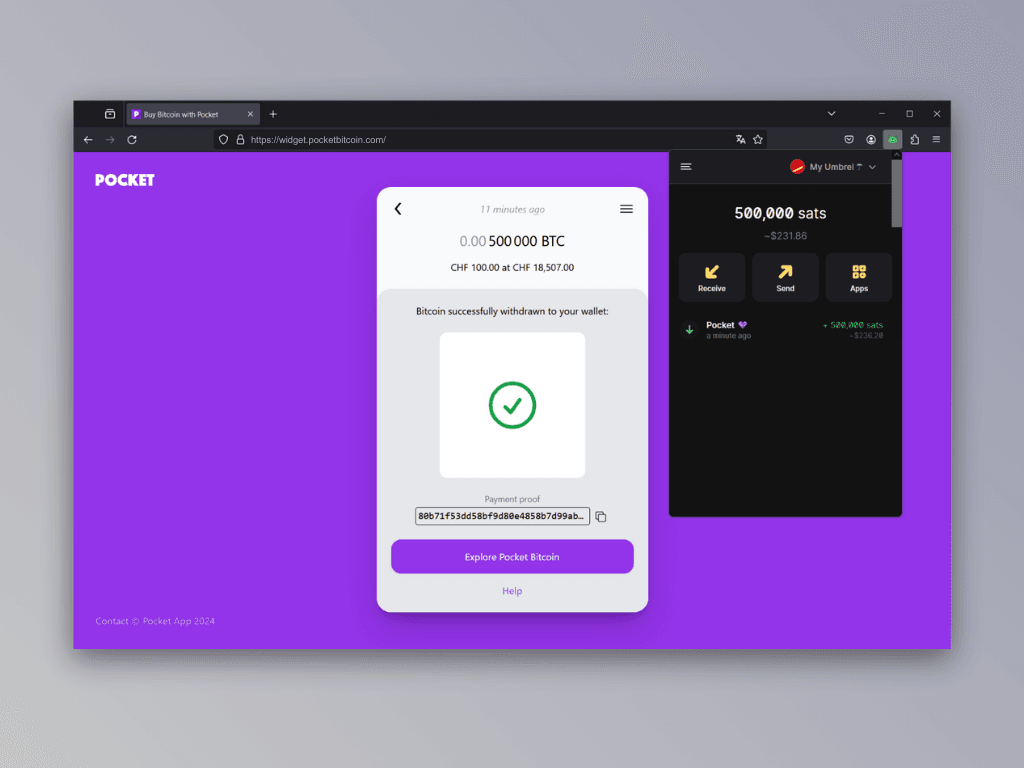 Screenshot of the payout confirmation screen from Pocket's Lightning Top-Up Service