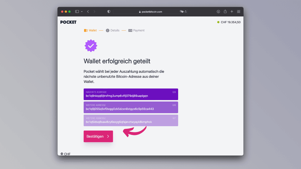 Bildschirmfoto deiner erfolgreich geteilten Ethereum-Wallet auf der Pocket-Webseite