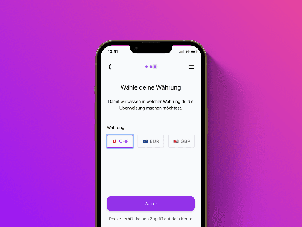 Bildschirmfoto des Währungs-Auswahl-Screens von Pockets Lightning Top-Up Service