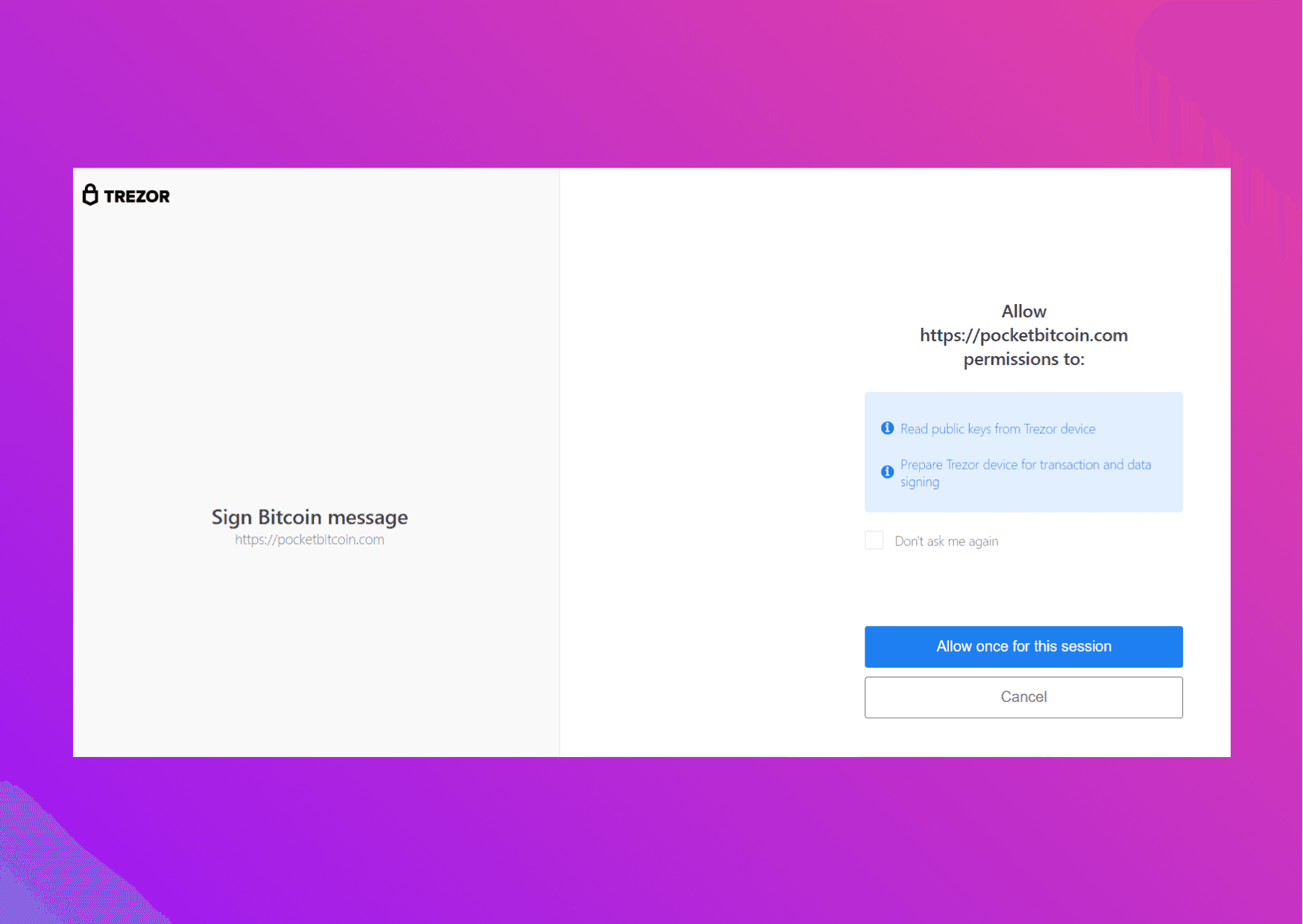 Screenshot Trezor Bridge Ethereum message signing