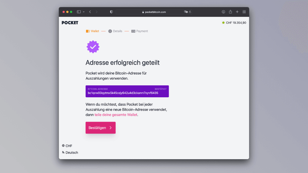 Bildschirmfoto einer erfolgreich geteilten Ethereum-Adresse auf der Pocket-Webseite