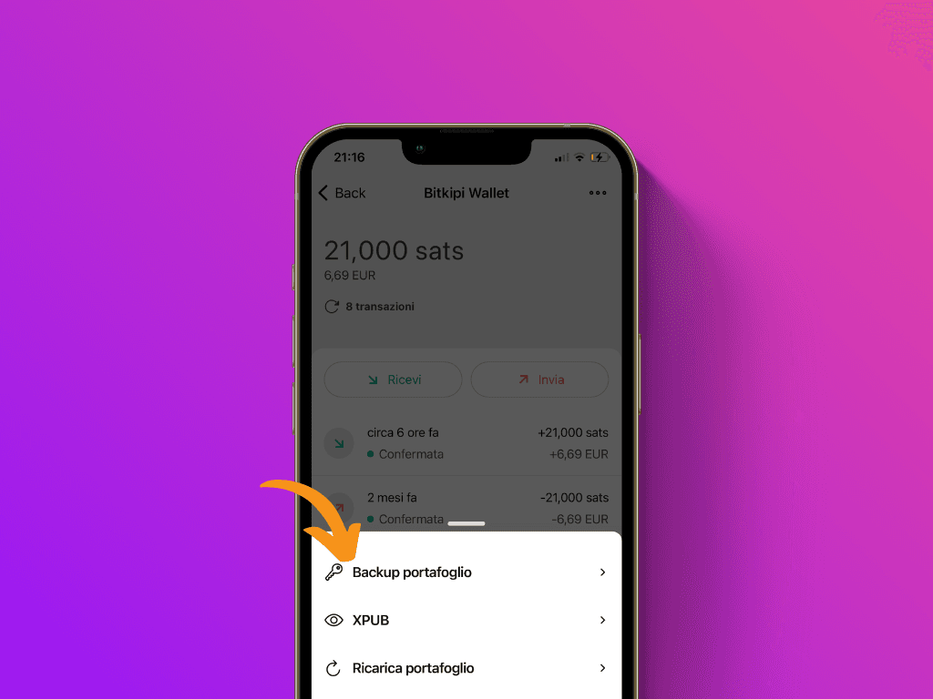 Schermata dell'app Bitkipi che punta alla voce di menu 