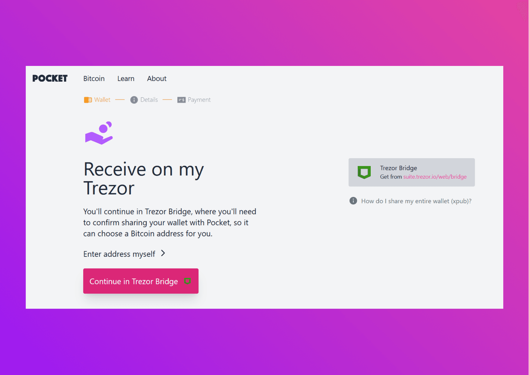 Screenshot showing the Pocket website redirecting to Trezor Bridge