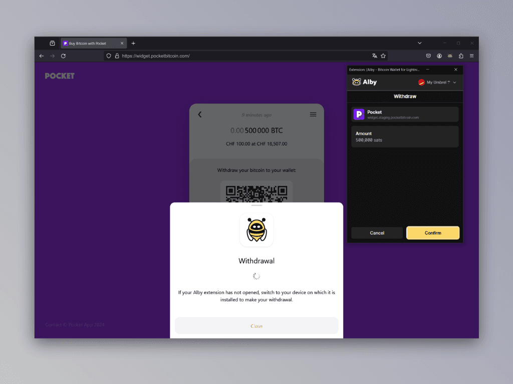 Screenshot of the Alby extension withdraw screen
