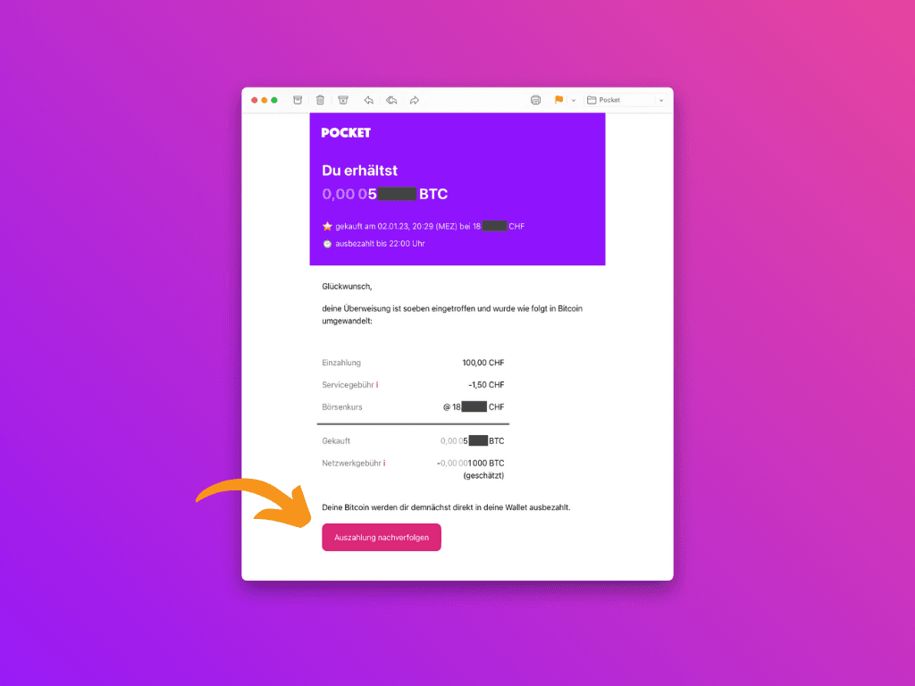 Bildschirmfoto der Bestätigungsmail von Pocket zum Ethereum-Kauf