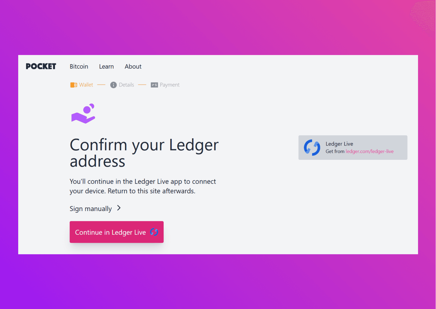 Screenshot Pocket website asking you to confirm your Ledger address