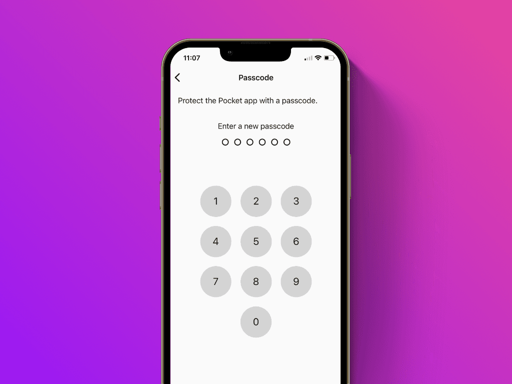 Screenshot of the Pocket App with PIN entry screen